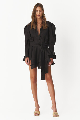 Black Ruffled Linen Mini Dress - SS25 - PNK Casual