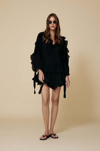 Black Linen-Cotton Ruffled Top - SS25 - PNK Casual