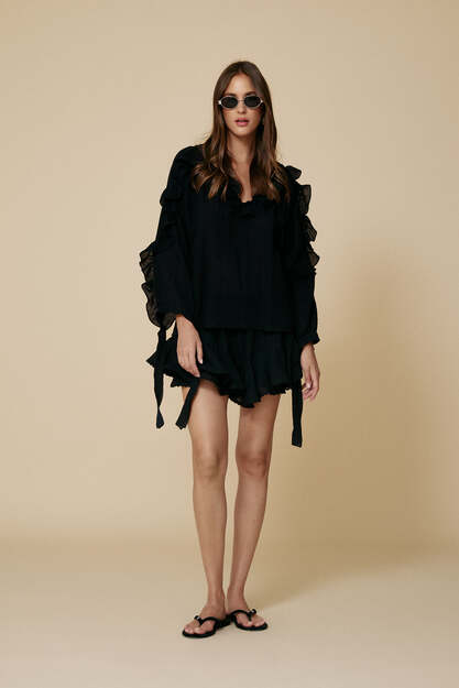 Black Linen-Cotton Ruffled Top - SS25