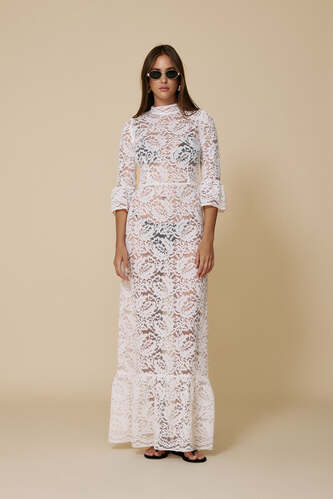 White Maxi Lace Dress With Three-Guarter Flared Sleeves - SS25 - PNK Casual