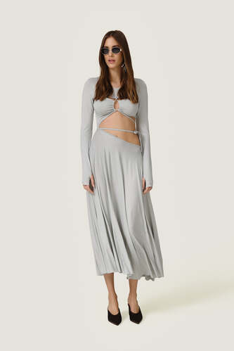 Grey Dress With a Front Cut-Out Detail And Adjustable Lace-Up Tie - SS26 - PNK Casual