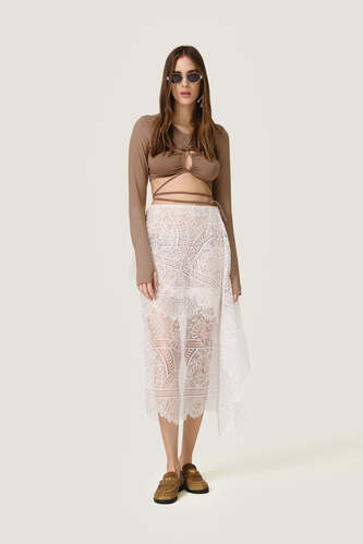 Beige Cropped Blouse With a Front Cut-Out Detail And Adjustable Lace-Up Tie - SS26 - PNK Casual