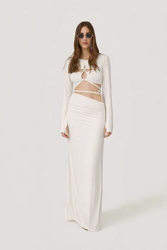 White Maxi Dress With a Front Cut-Out Detail And Adjustable Lace-Up Tie - SS26 - PNK Casual