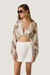 Beige Printed Silk Wrap Top