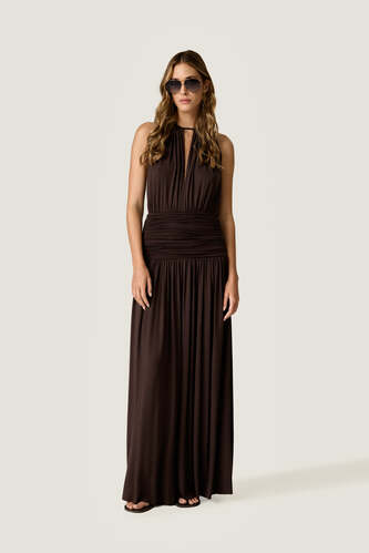 Open-Back Maxi Dress with Draped Waist - PNK Casual
