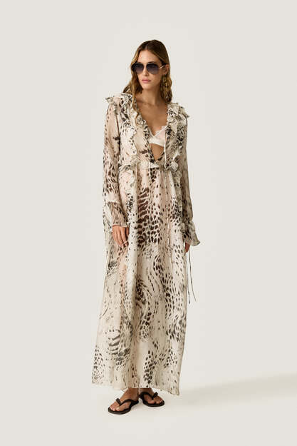 Printed Fluid silk-viscose maxi dress with delicate ruffle details