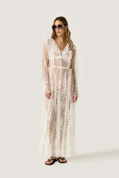 Sheer Lace Maxi Dress with Ruffle Details