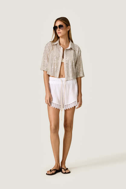 White Linen Shorts with Lace Inserts