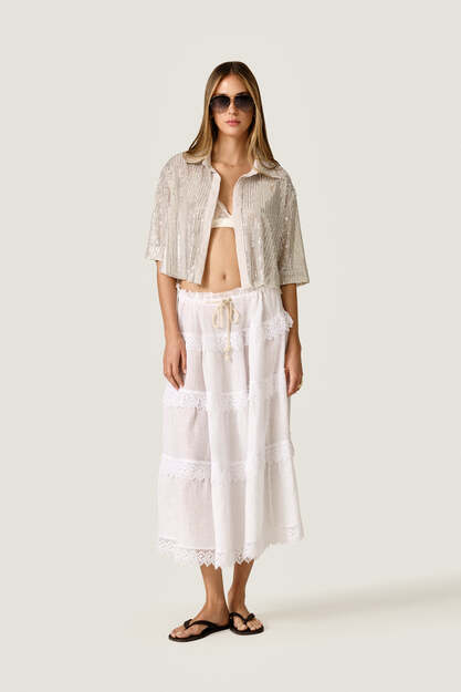 White Linen Midi Skirt with Lace Inserts
