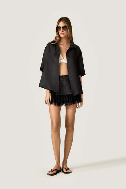 Black Linen Mini Skirt with Chantilly Lace