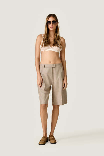 Beige Striped Longline Tailored Shorts