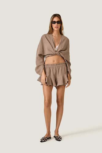 Taupe Beige Cotton Ruffled Shorts - PNK Casual